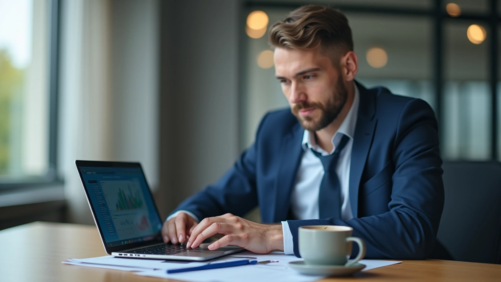 Laptop mit Finanzdiagrammen und Notizbuch auf einem Schreibtisch mit Kaffee