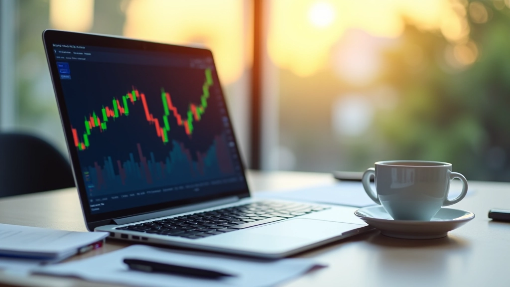Laptop mit Aktienchart auf dem Bildschirm, Tasse Kaffee und Stift auf dem Schreibtisch