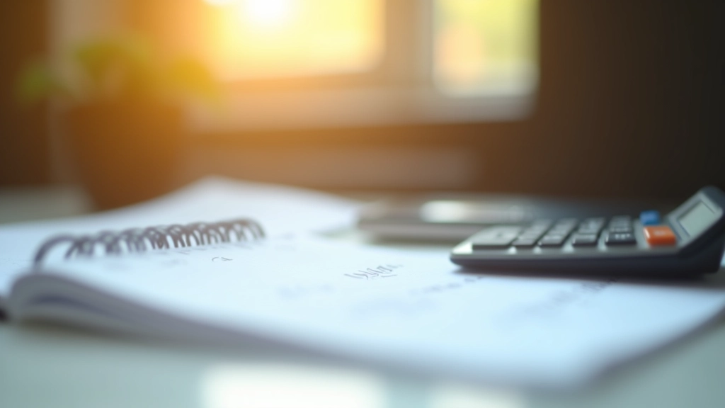 Notizbuch mit Finanznotizen und Taschenrechner auf einem Schreibtisch mit Fensterblick